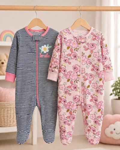 Image of TuddyBuddy Baby Girl's Cotton Printed Full Sleeves Sleepsuit /Footed Rompers for Baby Girl