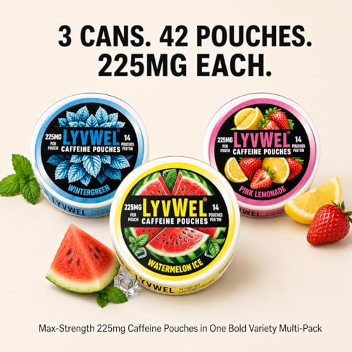 Image of LyvWel 225mg Caffeine Pouches, Guarana-Powered Energy Pouches, Nootropic Pouches, Nicotine Free Pouches & Tobacco-Free 3 Pack, 42 Pouches- Watermelon Ice, Pink Lemonade, Wintergreen