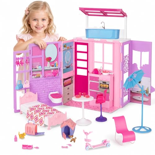 Doll House for 11.5-inch Dolls 2-Story Foldable Dollhouse with 37 pcs Furnitures & Accessories Playhouse with Pet House Gifts for Girls Kids Toddlers