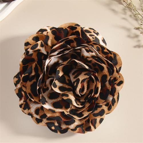 Image of Satin Fabric Leopard Rose Flower Large Brooch Pins Handmade Elegant Extra Big Camellia Silk Flowers Floral Lapel Pin for Women Wedding Bridal Prom Party Dance Dress Suit Clothes Accessories