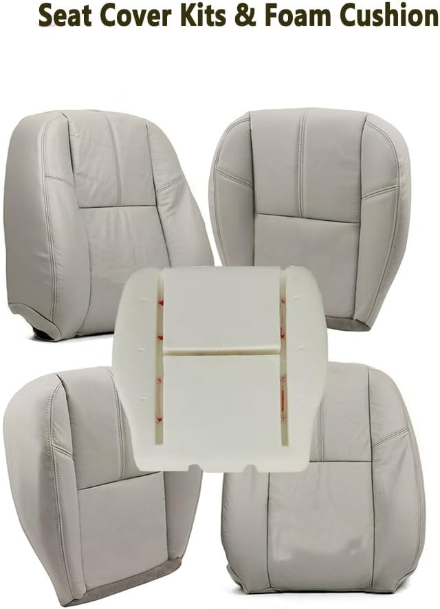 Driver Bottom Seat Cover & Top Lean Back & Foam Cushion Replacement Fits for Chevy Silverado 1500 2500 3500 GMC Sierra 2007-2014 Microfiber Leather