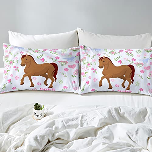 Feelyou Girls Horse Comforter Kids Cartoon Farmhorse Floral Comforter Set For Toddler Baby Girl Pink Blue Stripe Bedding Set Breathable Spirit Horse Animal Duvet Set Room Decor Quilt Set Twin Size #TOP3