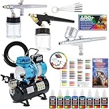 Master Pro Airbrush Multi-Purpose Airbrushing System with 3 Airbrushes, 6 U.S. Art Supply Primary Colors Acrylic Paint Set - Cool Running Air Compressor - Color Mixing Wheel, Usage Guide, Brushes