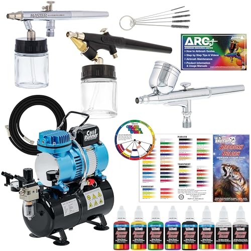 Master Airbrush Cool Runner II Airbrush Kit with Dual Fan Air Compressor, 3 Liter Air Storage Tank, 3 Airbrushes, 6 Color Acrylic Paint Set, Brushes & How-to Air Brush Manual, Gravity & Siphon Feed