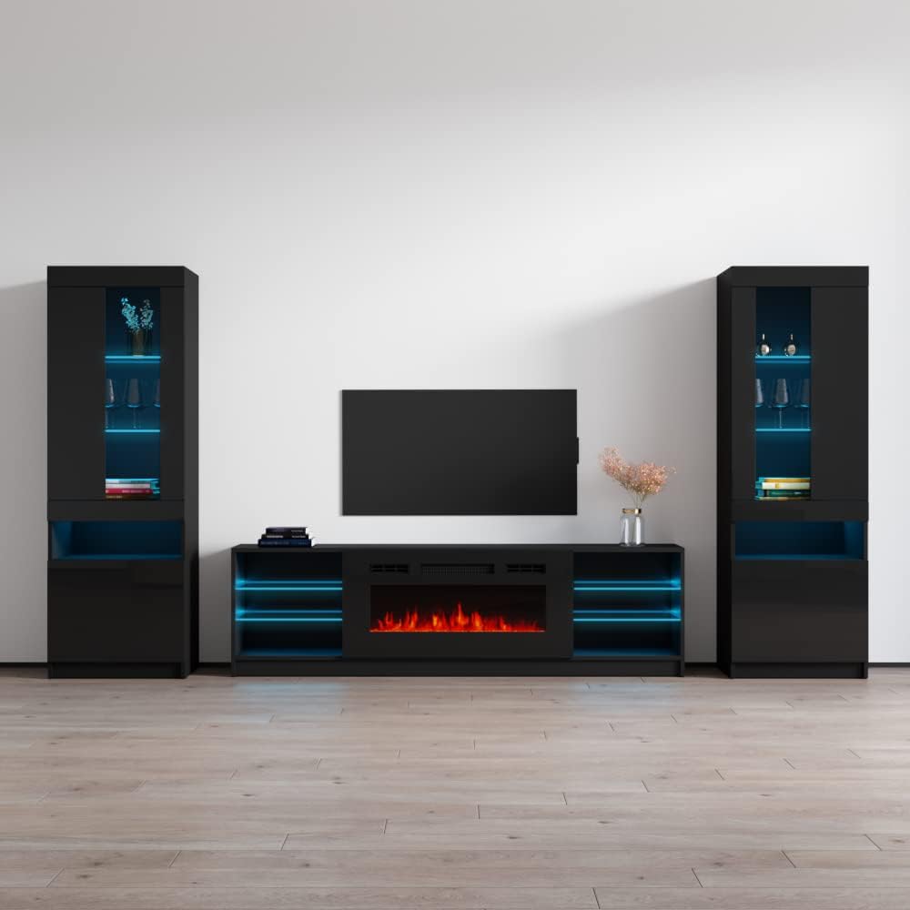 Meble Furniture Boston 01 Electric Fireplace TV Stand — Floating Entertainment Center with LED Lights and Komi Bookcases — Engineered Wood, 70.9" W x 15.7" D x 35.4" H — Black