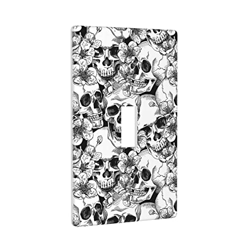Black White Skull Floral Light Switch Cover 1 Gang Decorative Wall Plate Single Toggle Switch Plate For Bedroom Bathroom Kitchen Living Room Home Decor Standard Size 4.50" X 2.76" #TOP1