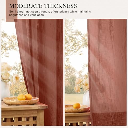 Anpark Terracotta Sheer Curtains 84 Inches Long Cotton Linen Textured for Living Room, Bedroom Light Filtering Crinkle Sheer Drapes Natural Rod Pocket Privacy Thin Curtains, W52 x L84 in, 2 Panels by Anpark - Image 6
