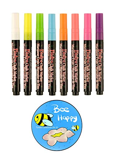 Set of (Fl.Blue, Fl.Red, Fl.Yellow, Fl.Green, Fl.Violet, Fl.Pink, Fl.Orange, White) 3mm fluorescent Fine Point Marvy Bistro Chalk Markers (Uchida of America) Open Stock PLUS Fridge Magnet