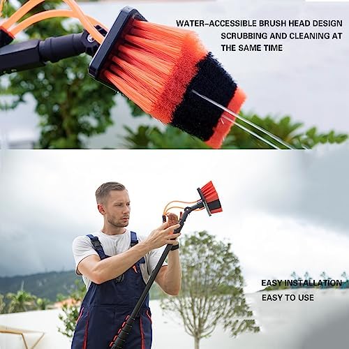 Window Telescopic Pole Cleaning Brush with 4 Spouts, Water-Supplied Window Telescopic Pole Cleaning Brush with Hose, Cleaning Tool for Photovoltaic Panel Windows Red 18ft/6m