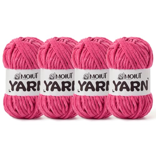 Image of 4 Packs Fluffy Chenille Yarn for Crocheting, Chunky Velvet Yarns for Crochet Amigurumi, Baby Yarn for Crocheting Soft Blanket, 349.9yds /14.1 oz Bulky Yarns for Crafts /Hats /Shoes /Socks (4 Rose)