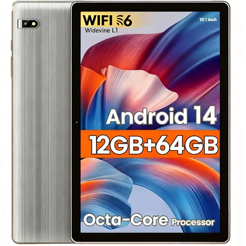 Tablet, 10.1 inch, Android 14 Tablets, Octa-Core, 12GB RAM + 64GB ROM (1TB Expand), 6000mAh Battery, 2.4G+5G Wi-Fi 6, 2MP+8MP Cameras, Bluetooth, 1280x800 FHD IPS (Gray)