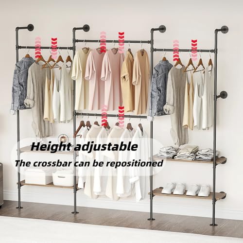 Woskar Industrial Pipe Clothing Rack, Wall Mounted Clothes Rack for Hanging Clothes, Retail Display Rack with Shelves, Add Corner installation Method (Black, III-2Tier) by Woskar - Image 4