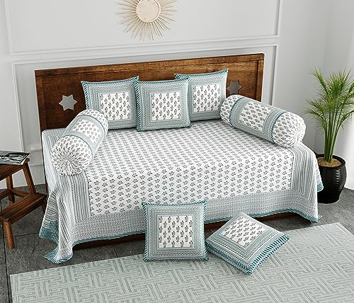 Image of BLOCKS OF INDIA 200Tc Diwan Set Cotton 8 Piece | Deewan Printed Bedsheet Sets For Living Room Hall (Set Of 8 Piece, 1-Bed Sheet | 2-Bolster Cover | 5-Cushion Cover (Color 23, White, Grey)