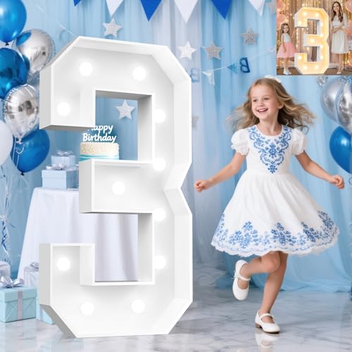 Image of Pooqla 4 FT Light Up Marquee Numbers, Cool White and Warm White LED Large Lighted Marquee Numbers, Giant Mosaic Light Up Numbers for Balloons 3rd 13th 30th Birthday Party Decoration, LED Number 3