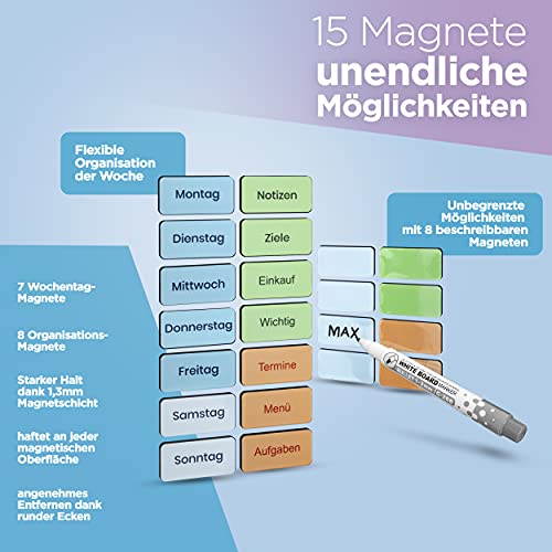 BLAUFUCHS ® – Whiteboard Magnetisch A3 – Abwischbare Magnettafel für Planung & Organisation – Inkl. 6 Marker & 22 Magnete – Wochenplaner für Familie, Büro, Küche und Kühlschrank