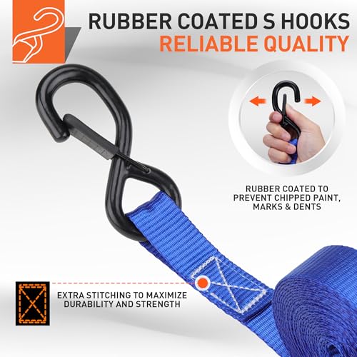 Ratchet Straps Heavy Duty, Tie Down Straps Ratchet Set, 2200 LB Break Strength, Safety Lock S Hooks, Best for Moving, Securing Cargo, Kayaks, Mountain (4 Pack)