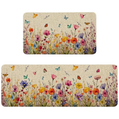 Ideasonna Spring Floral Kitchen Mats for Floor 2 Piece, Colorful Flower Summer Spring Kitchen Rugs Sets of 2 Indoor Home Decor Door Mat Outdoor
