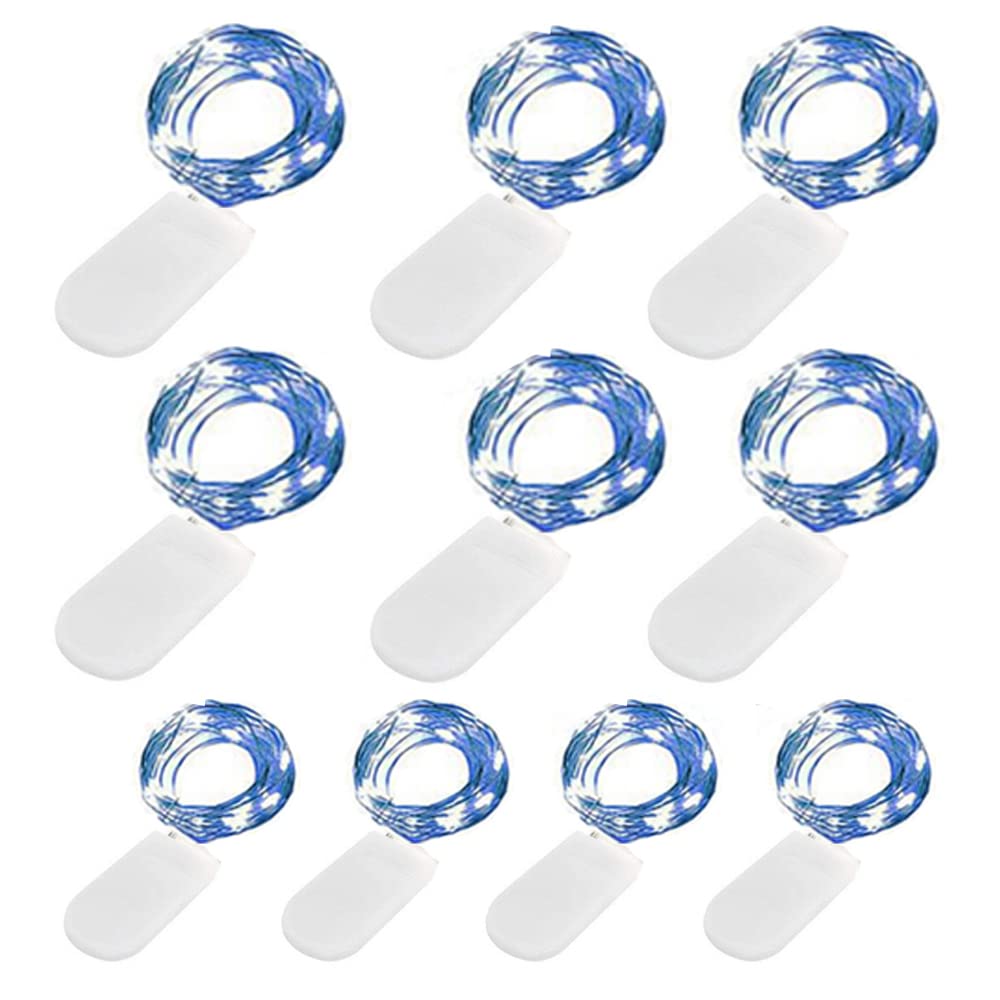 Paquete de 10 luces de hadas con pilas de 2 m, 20 luces LED de cadena de luces estrelladas de alambre plateado para bricolaje, boda, fiesta, festival, Halloween, Navidad (azul)