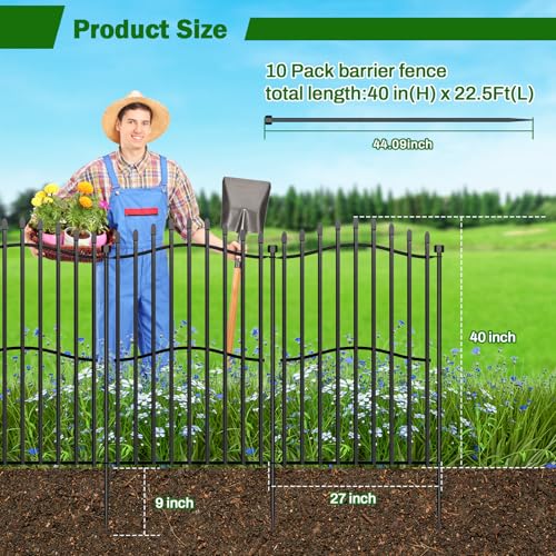 10 Panels Tall No Dig Garden Fence - 40in H x 22.5ft L, Reinforced Square Tube Rustproof Animal Barrier, Decorative Metal Fencing for Yard & Outdoor Dog Pet Play Areas - Thumbnail 2