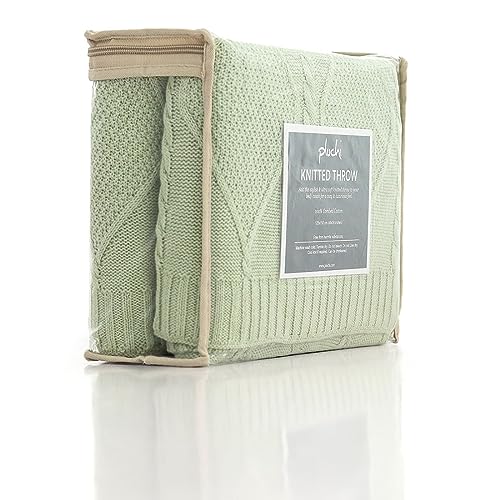 Image of Pluchi Cable Moss Cotton Knitted All Season AC Throw Blanket (125cm X 150cm) (Desert Sage)