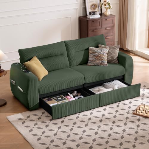 Image of 88.6 inch Modern Storage Loveseat Sofa, Small Couches for Living Room, Green | Corduroy, USB Charging, Pull-Out Storage, Deep Seat, Comfy Love Seat for Small Spaces, Apartment, Bedroom, Dorm, Office