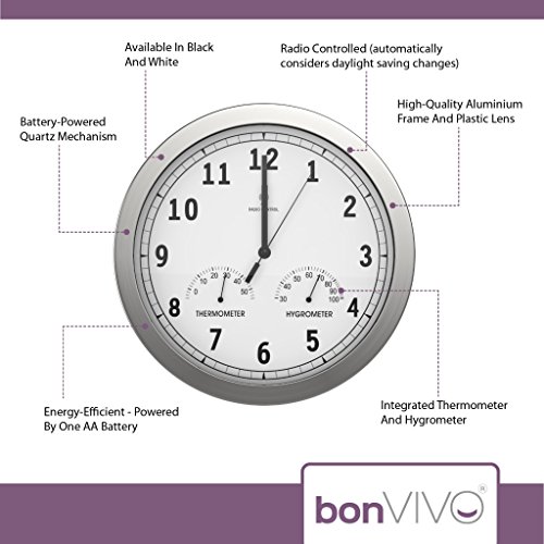 bonVIVO Timerider Highly Accurate Radio Controlled Wall Clock, Aluminium Wall Clock For Living Room, Kitchen & Office, Built-In Thermometer & Hygrometer, Silent Wall Clock, Diameter: 12 Inch (30.5 cm) - Image 5
