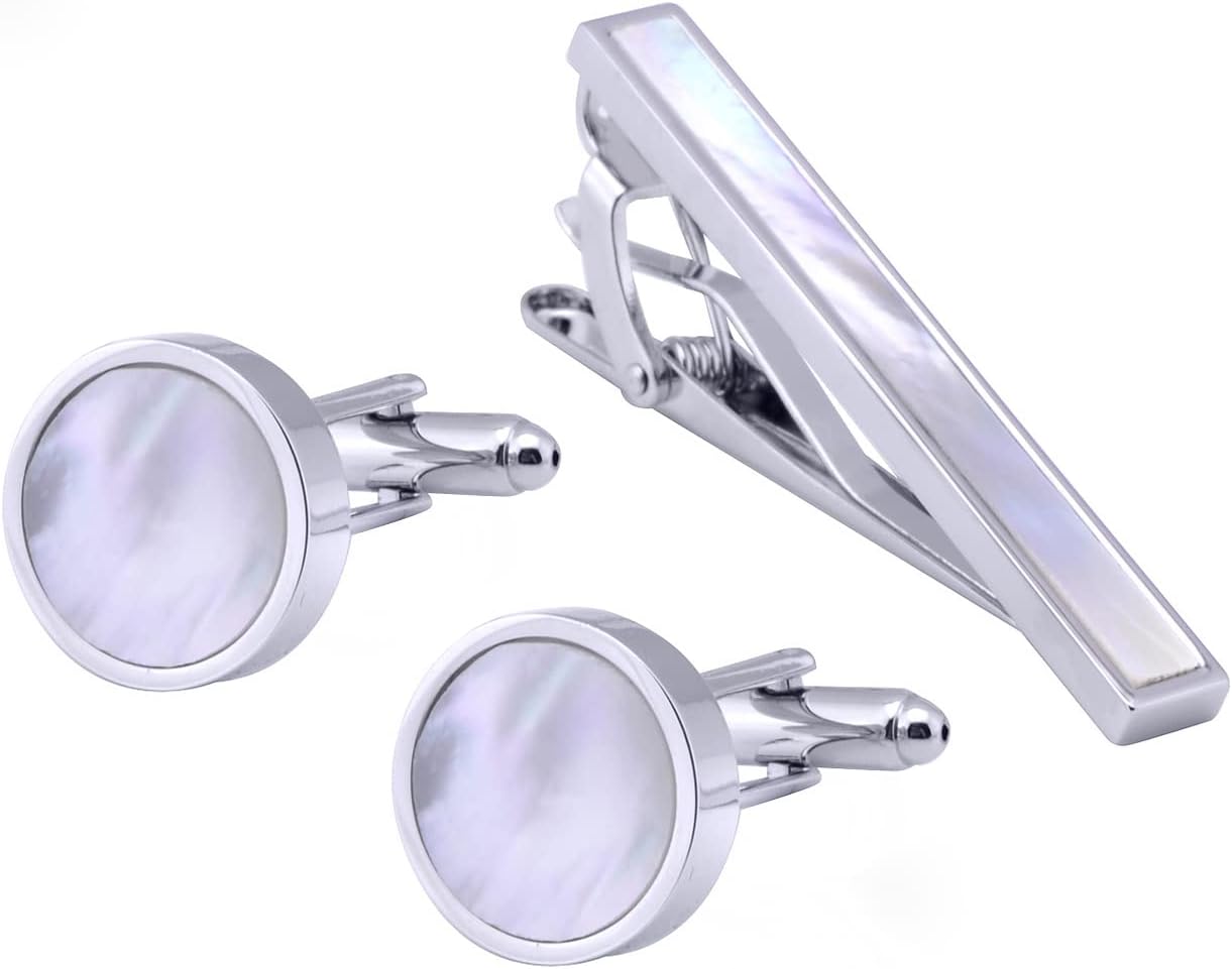 Mother of Pearl Men Cufflinks and Tie Clip Set Regular Necktie Tie Bar Pin Cuff Links for Wedding Business Shirt Tie