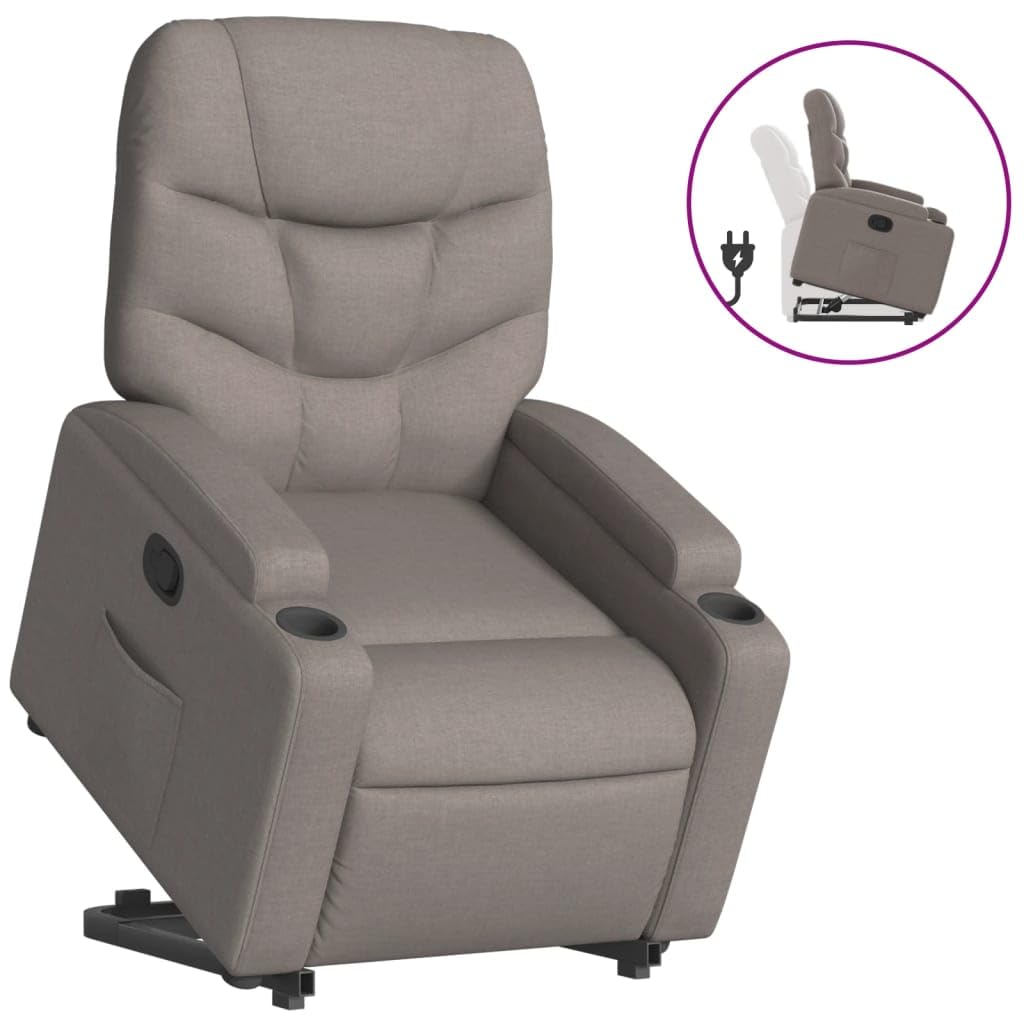 Relaxsessel mit Aufstehhilfe Elektrisch 74x89x100 cm Taupe Stoff Bequemer Lesesessel mit Liegefunktion bis 135 Grad & Getränkehalter für Wohnzimmer Schlafzimmer