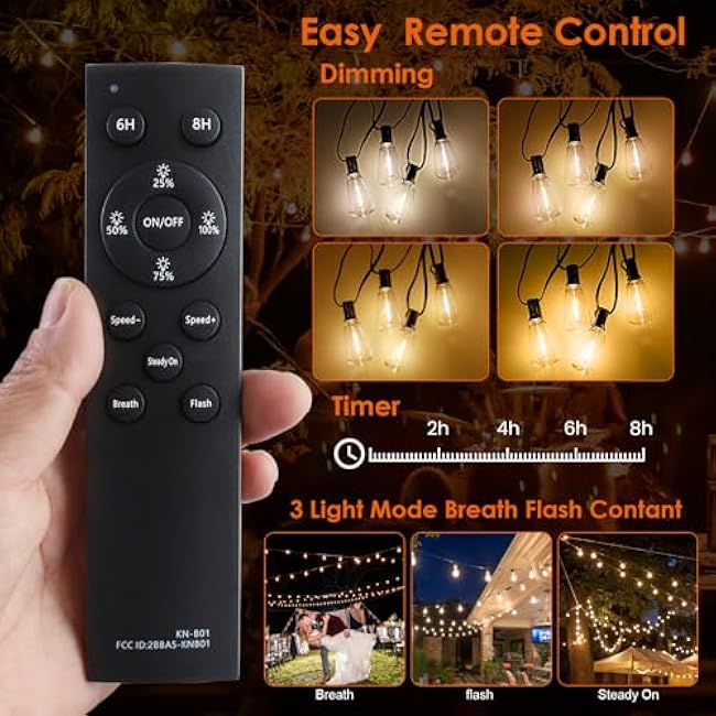 120FT Solar String Lights Outdoor,Solar Patio Lights Waterproof with Remote & 40+2 Dimmable ST38 Shatterproof LED Bulbs,Commercial Grade Solar Powered String Lights for Outside