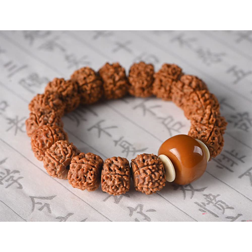 Braccialetto Bodhi, Bracciale Nepal Rudraksha Besds 18 * 13 mm Bracciale elasticizzato con perline di Buddha a cinque facce con perline d'ambra for la meditazione Preghiera Mala