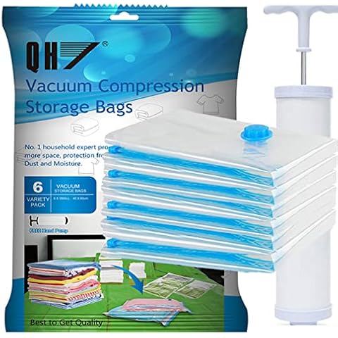QH Premium Vacuum Storage Bags. 80% More Storage!Vacuum bags clothes Hand-Pump for Travel! Double-Zip Seal and Triple Seal Turbo-Valve for Max Space Saving 6PCS(60x40cm) Cover