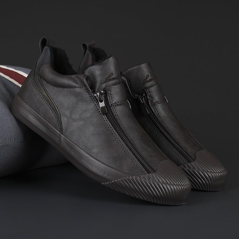 Men's Casual Fashion Leather Flat Zipper Shoes Slip On Walking Shoes Low Top Comfort Fit Sneakers Lightweight & Breathable Rubber Soles Walking Shoes2