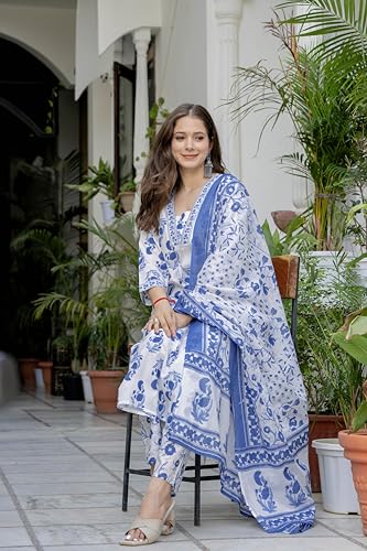 Image of PARTHVI Women's Cotton Printed Kurta Set with Pants & Dupatta | Elegant Ethnic Wear for Women | Floral Print | Comfortable Suit Set