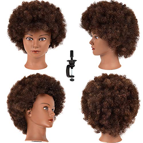 Afro curly Mannequin Head with Human Hair African American Mannequin Head 100% Human Hair Cosmetology Doll Head Hairdresser Styling Training Head Manikin Head with Curly Hair Mannequin Head for Practice Braiding Doll Head