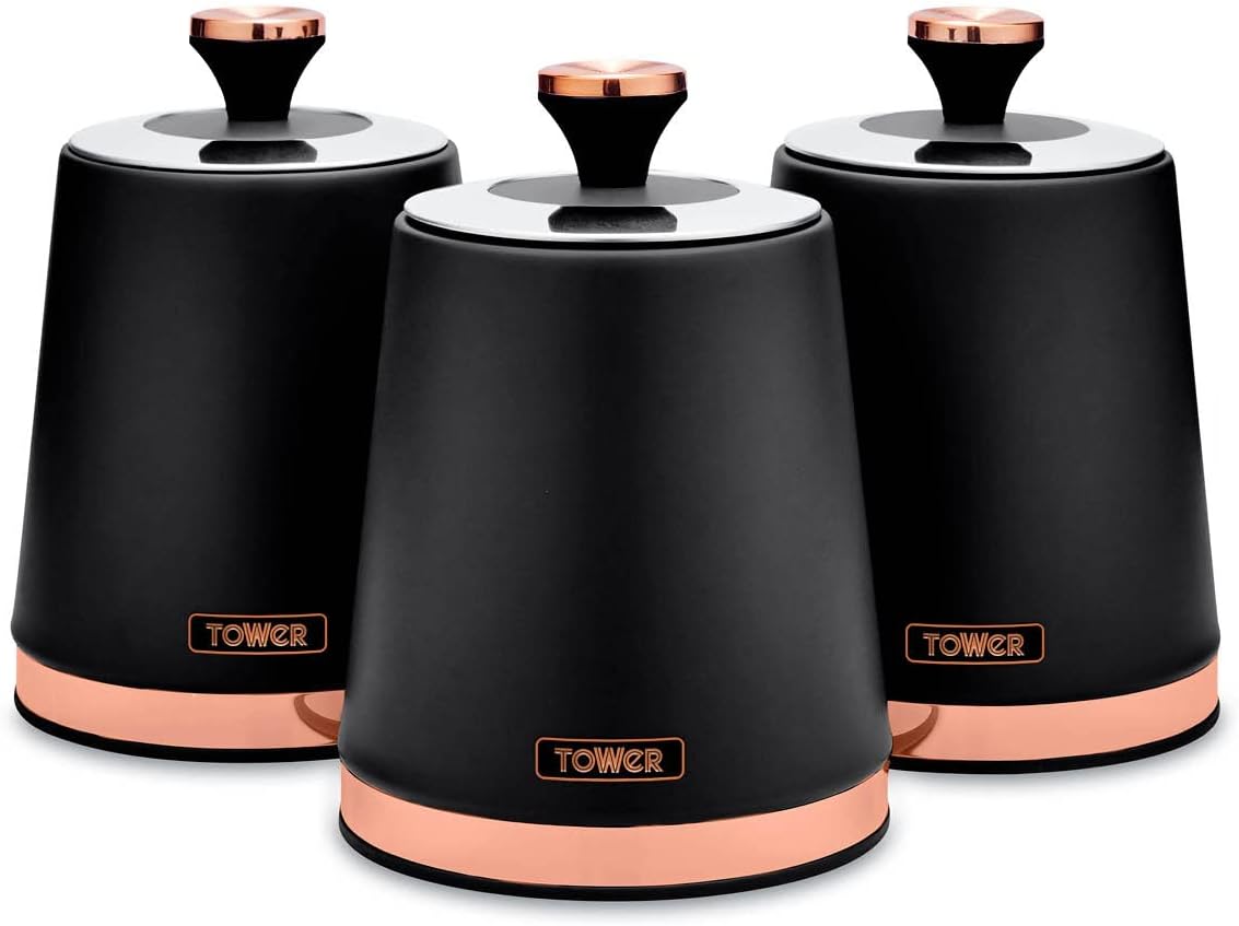 Tower Cavaletto Set of 3 Storage Canisters for Tea/ Coffee/ Sugar, Steel, Black and Rose Gold