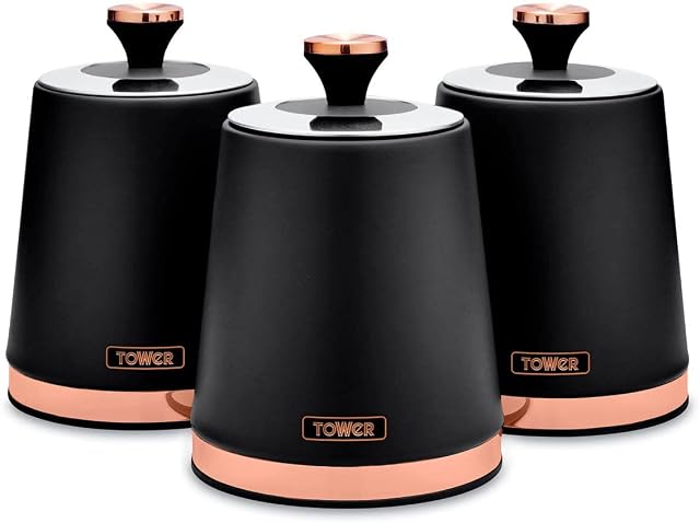 Tower T826131BLK Cavaletto Set of 3 Storage Canisters for Tea/Coffee/Sugar, Steel, Black and Rose Gold