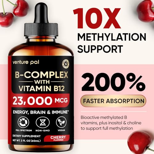 Image of Vitamin B Complex 23000mcg - Methyl B12| B9 Folic|B7 Biotin,B1,B2,B3,B5,B6 | Vitamin B Complex Liquid Drops for Men & Women with Vitamin C, Choline & Inositol for Energy, Immune & Brain Support - 2Oz