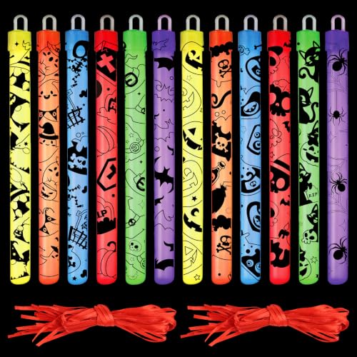 FINGOOO 24 Pack Halloween Glow Sticks Bulk, Hanging Wands in 12 Designs 6 Color Light Up Stick for Kid Glow in the Dark Halloween Party Favors
