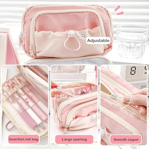 Image of Canvas School Bag Pencil Case, 3 Layer 6 Compartment Large Capacity, Aesthetic Pencil Pouch for Stationary, Cute Stationery for Kids, Pencil Case for Girls & Boys (Dori-Pink)