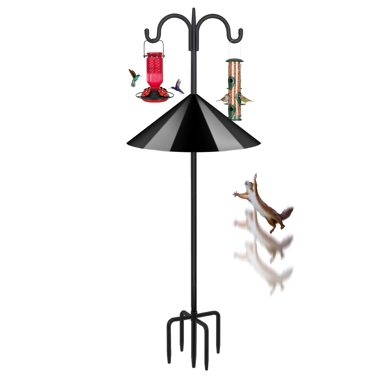 FEED GARDEN Heavy Duty Shepherds Hook Squirrel-Proof Bird Feeder Pole 92" Double Hooks 5-Prong Base & 19" Baffle for Outdoor Feeders & Plants