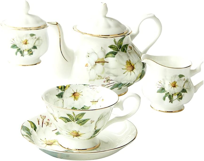 21pcs Set, Real Bone China Coffee Cup with Pot and Sugar Bowl and Cream Boat, as Household Gift, Floral