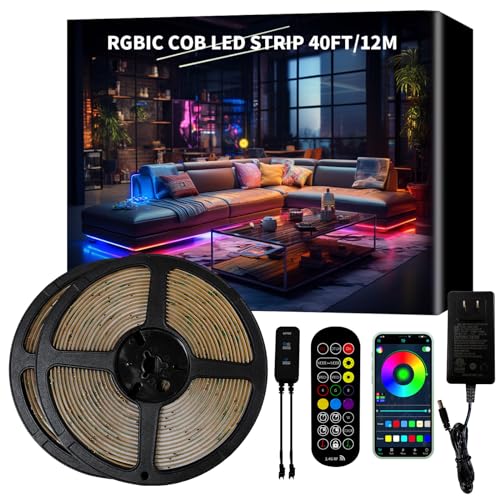 BUNACET 40ft COB RGB+IC LED Strip Lights, Bright Dream Color COB LED Light Strip with RF Remote App Control Music Sync Color Changing for Game Room Bedroom Kitchen Lighting Home Decor（2 Rolls）