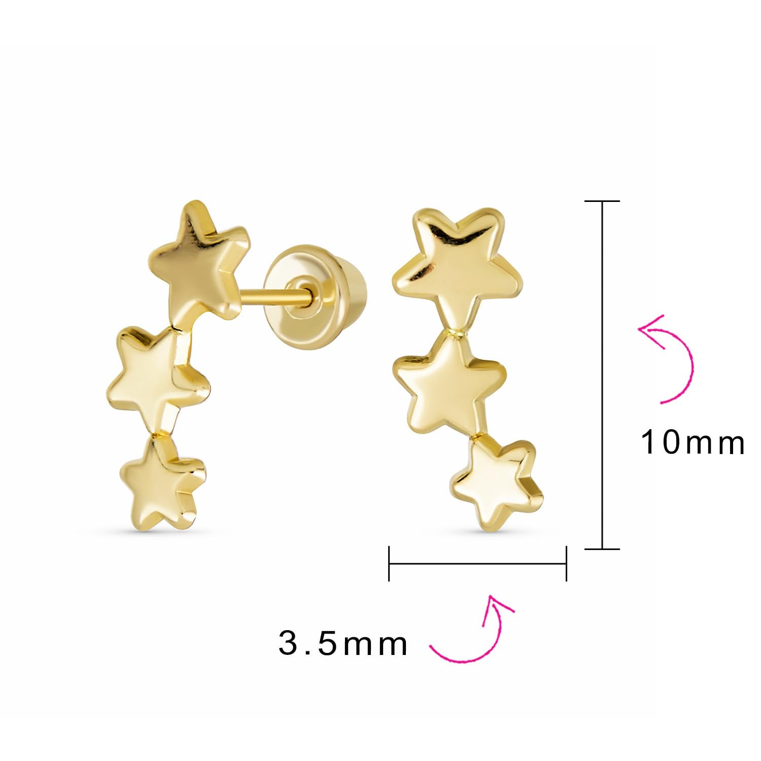 Orecchini A Vite A Tre Stelle In Mini Strass Patriottico Usa Celestial Solar Fun Per Donne Adolescenti In Oro Giallo 14K Genuino