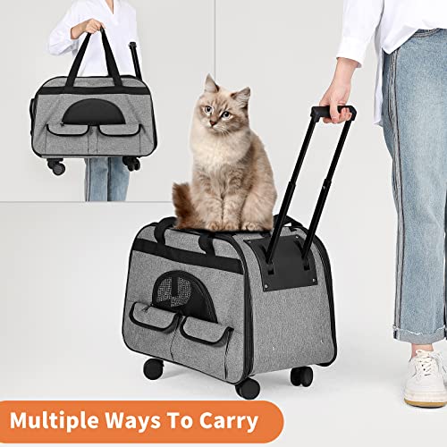 Large Rolling Cat Carrier with on Wheels, Small Dog Pet Car Travel Carrier Collapsible Bag with Rollers Wheels, Carrier for Cats Up to 35 LBS/Dog Puppy Under 16 LBS (Large Size, Not for Airplane) (L1)