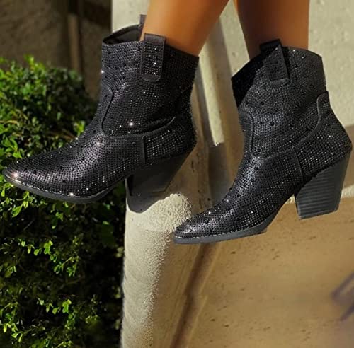 Women's Rhinestone Block Heel Mid Calf Short Ankle Booties Knee High Boots2