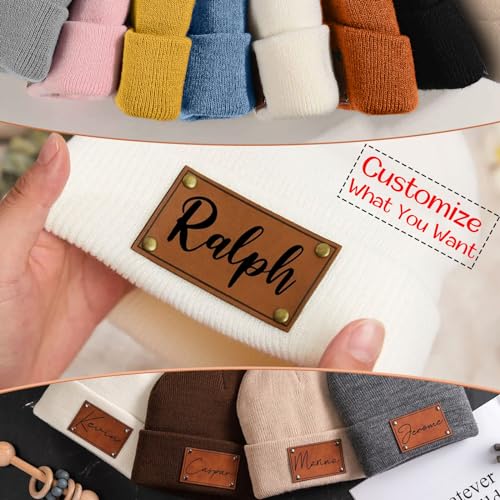 Custom Toddler Baby Beanies, Mama Mini Matching Hats, Leather Patch Baby Knit Hats, Winter Beanies for Infant, Kids Adults3