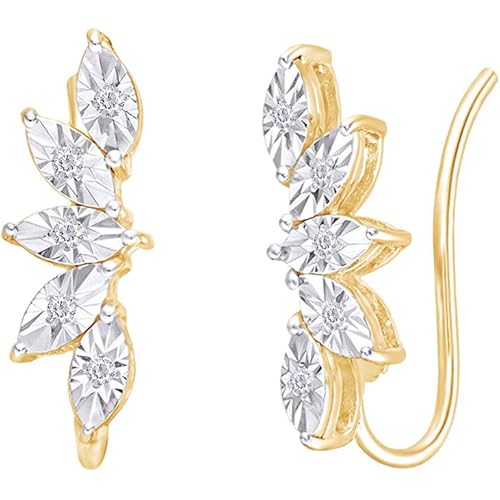 Miracle Set Natural Diamond Leaf Fan Crawler Earrings in 14K Gold Plated 925 Sterling Silver For Women (0.04 Cttw, I-J Color, I2-I3 Clarity) Valentine's Day Gift For Her