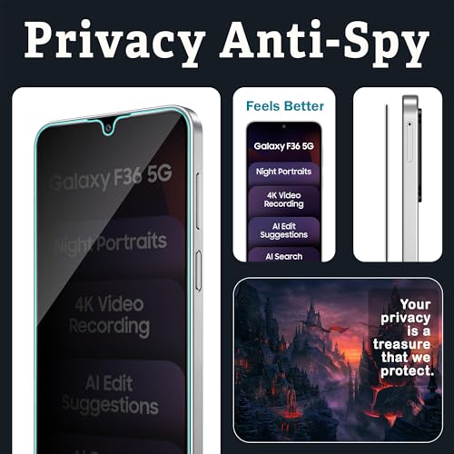 Image of ArmourPro Privacy Tempered Glass for Samsung Galaxy F36, Anti Spy Anti Peeping Screen Protector, Edge-to-Edge Full Coverage, 9H Hardness with Cable Protector | Black