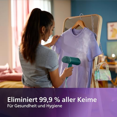 Philips 3000-Serie Tragbarer Dampfglätter - 1000 W, 20 g/min Dampfdruck, Abnehmbarer 120-ml-Wassertank, Metall-Dampfplatte, inkl. Aufbewahrungsbeutel, 660g leicht, Dunkelgrün (STH3020/70)
