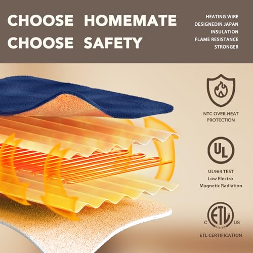 Image of Homemate Electric Heated Blanket Twin Size - 62 inchx84 inch Heating Bed Blankets Throw with 8 Hours Auto Off 10 Heating Levels Fast Heating Over-Heated Protection Soft Warm Flannel Bed ETL Certified Navy
